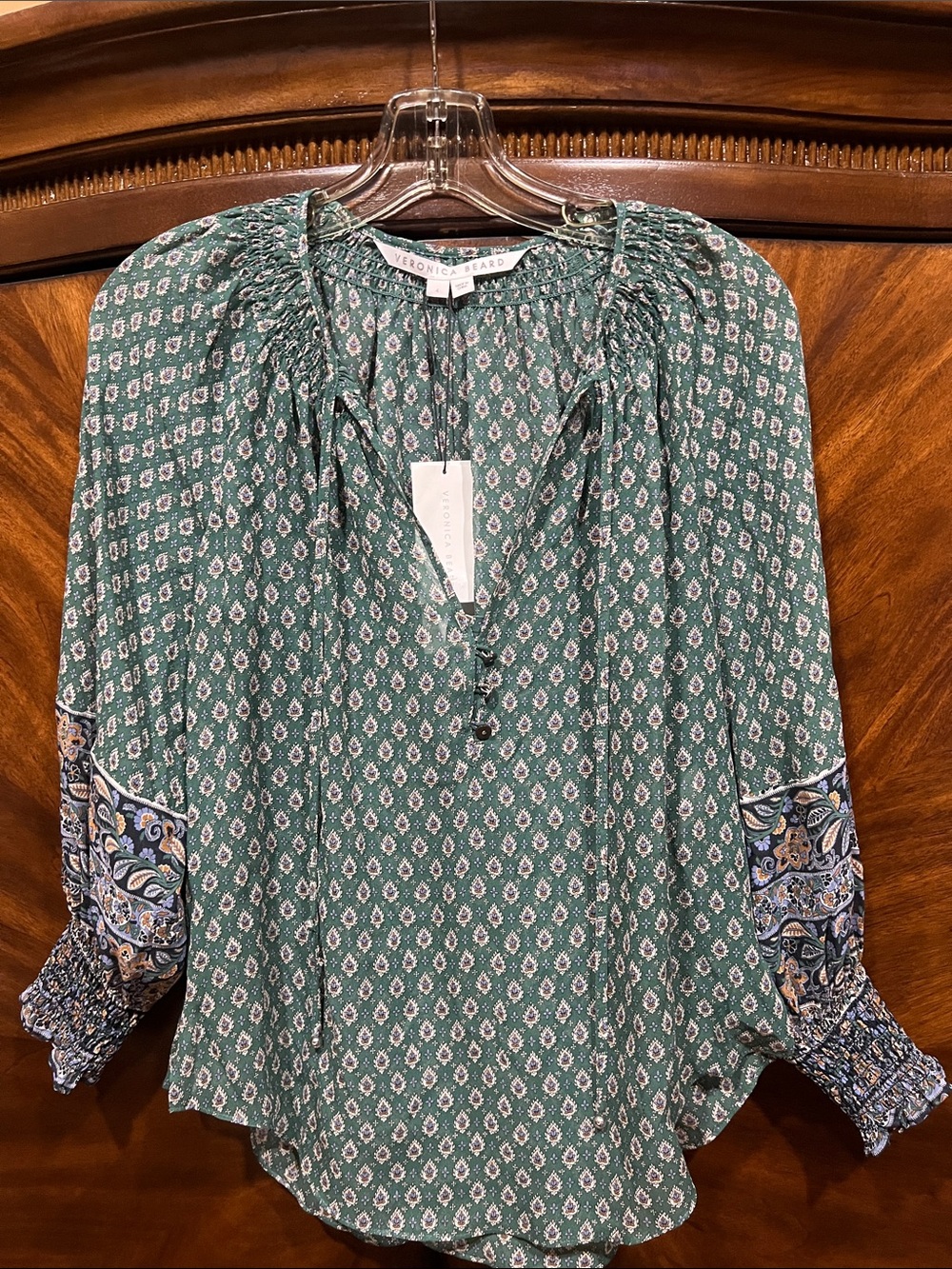 Veronica Beard Green Printed Boho Blouse with Patterned Sleeves.
